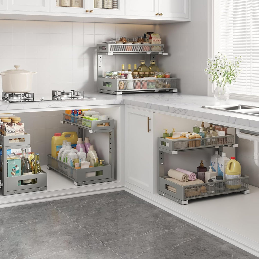 1 Pack 17IN Depth Under Sink Storage Organizer, Large 2-Tier Elegant Mesh Pull Out Shelf for