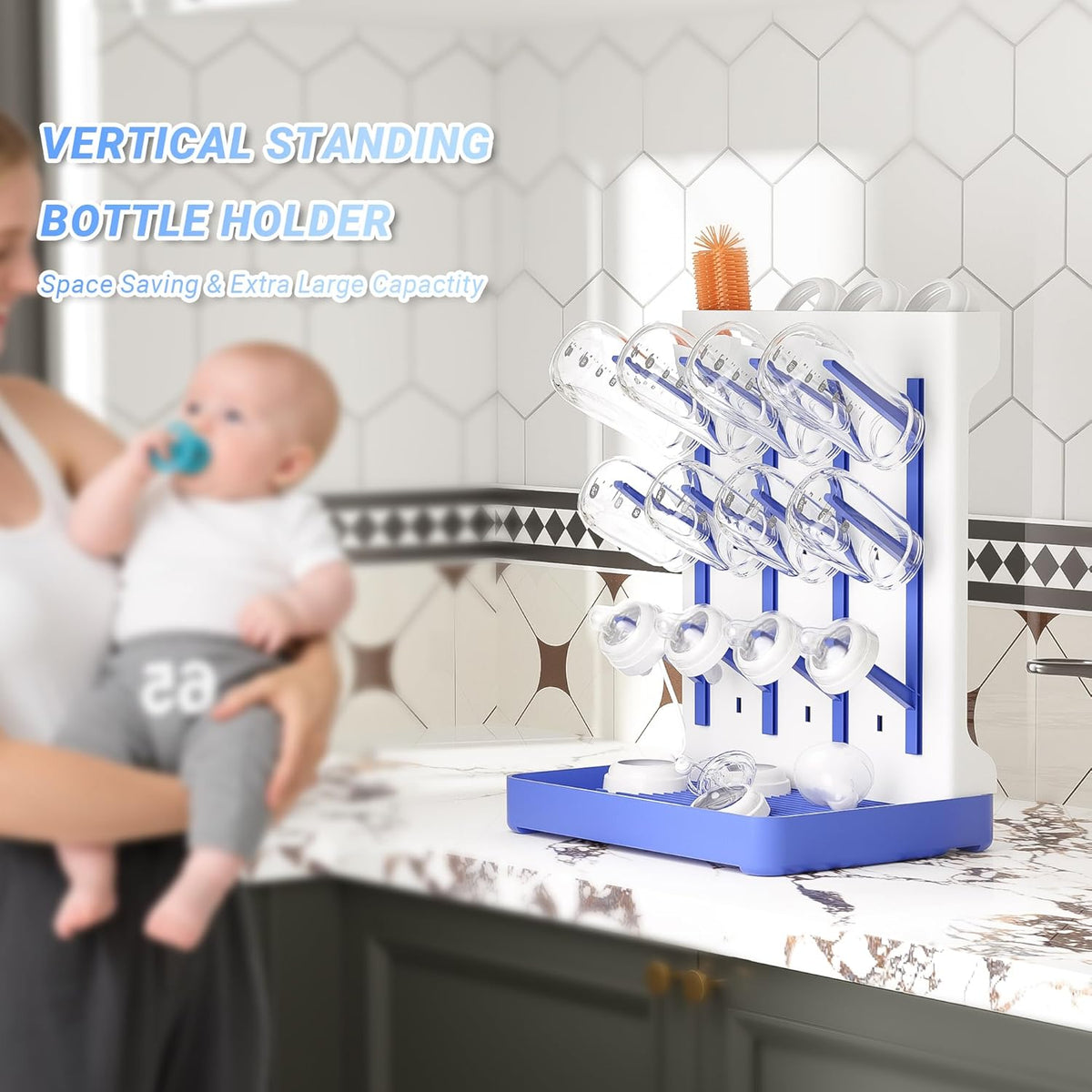 Baby Bottle Drying Rack: Vertical Space Saving Standing Bottle Organizer for Countertop – Holds