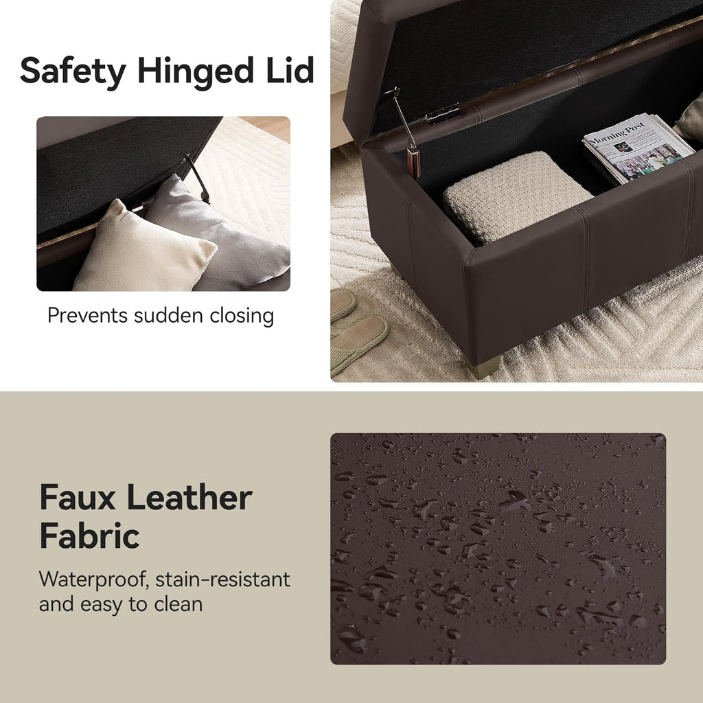 41" Faux Leather Storage Ottoman, Stitch Tufted Rectangle Upholstered End of Bed Storage Bench