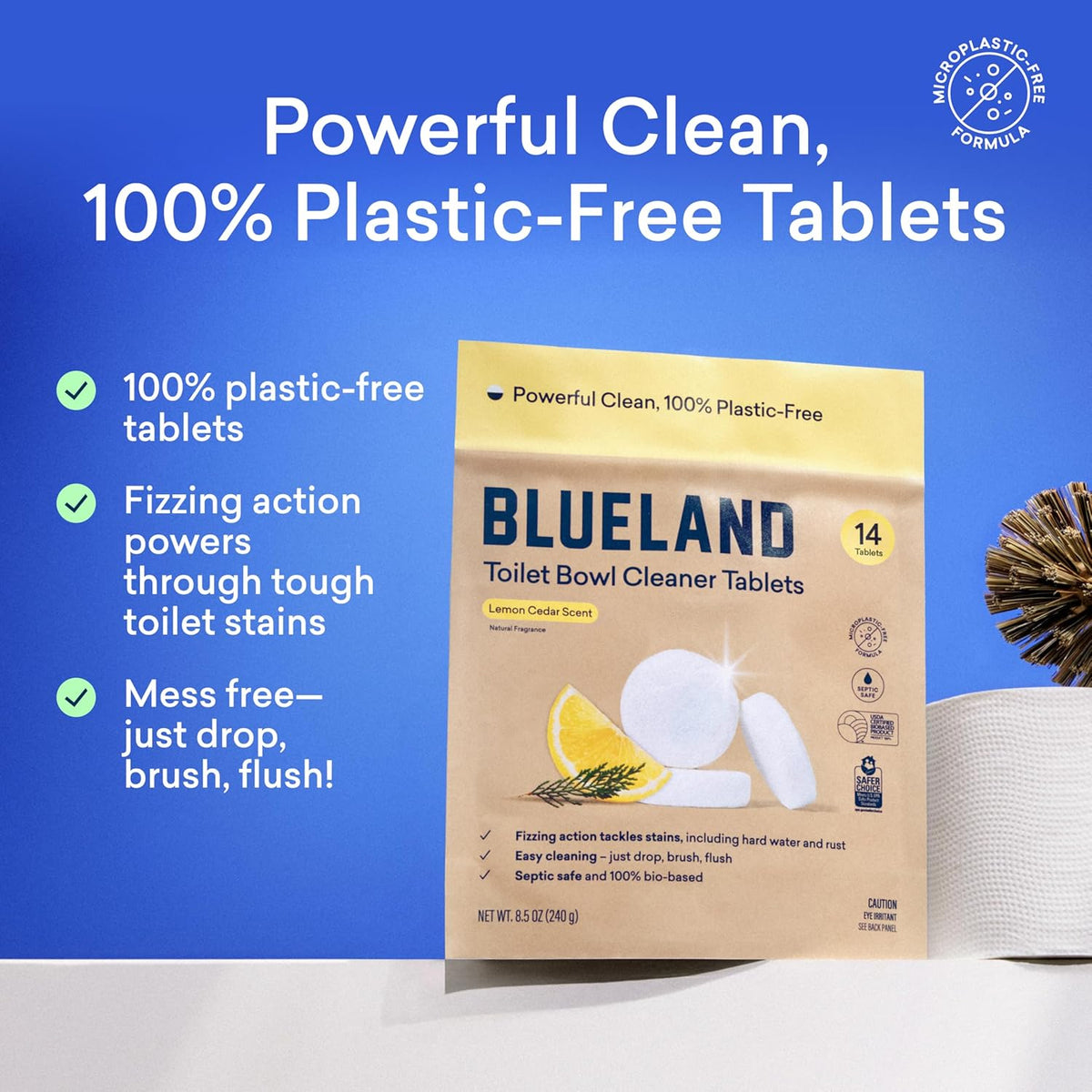 BLUELAND Toilet Bowl Cleaner Tablets, 2-Pack, 28 Count, Lemon Cedar, Plastic-Free, No Harsh