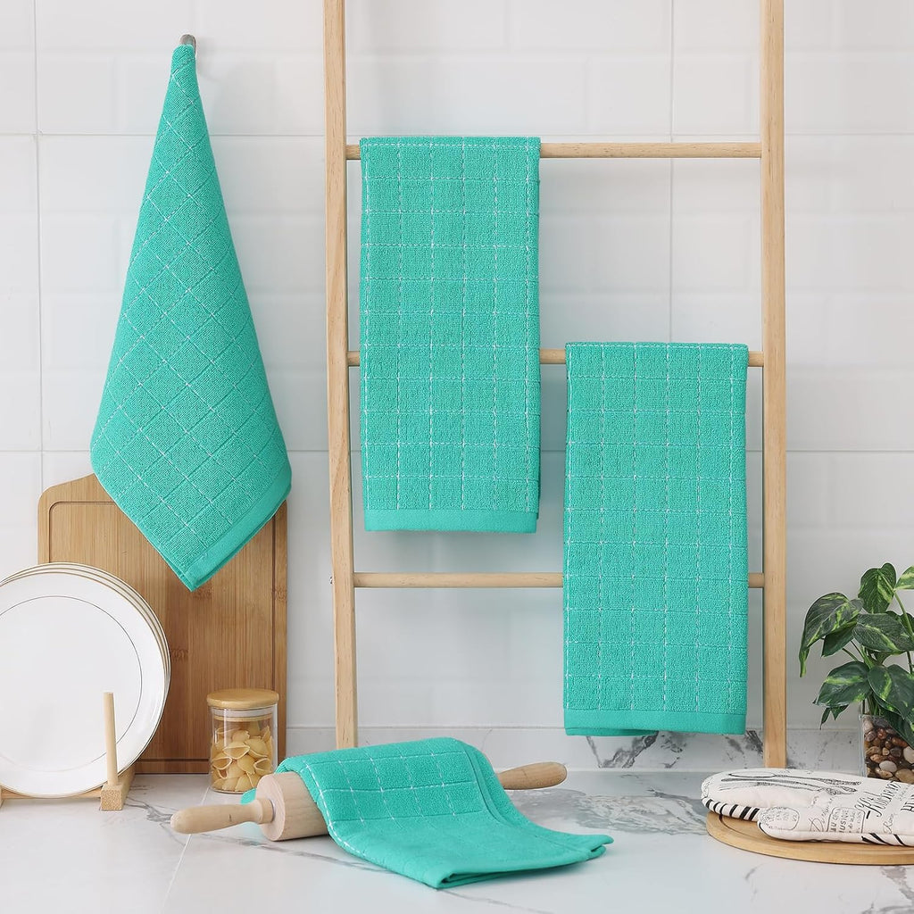 Homaxy 100% Cotton Terry Kitchen Towels(Turquoise, 13 x 28 inches), Checkered Designed, Soft and