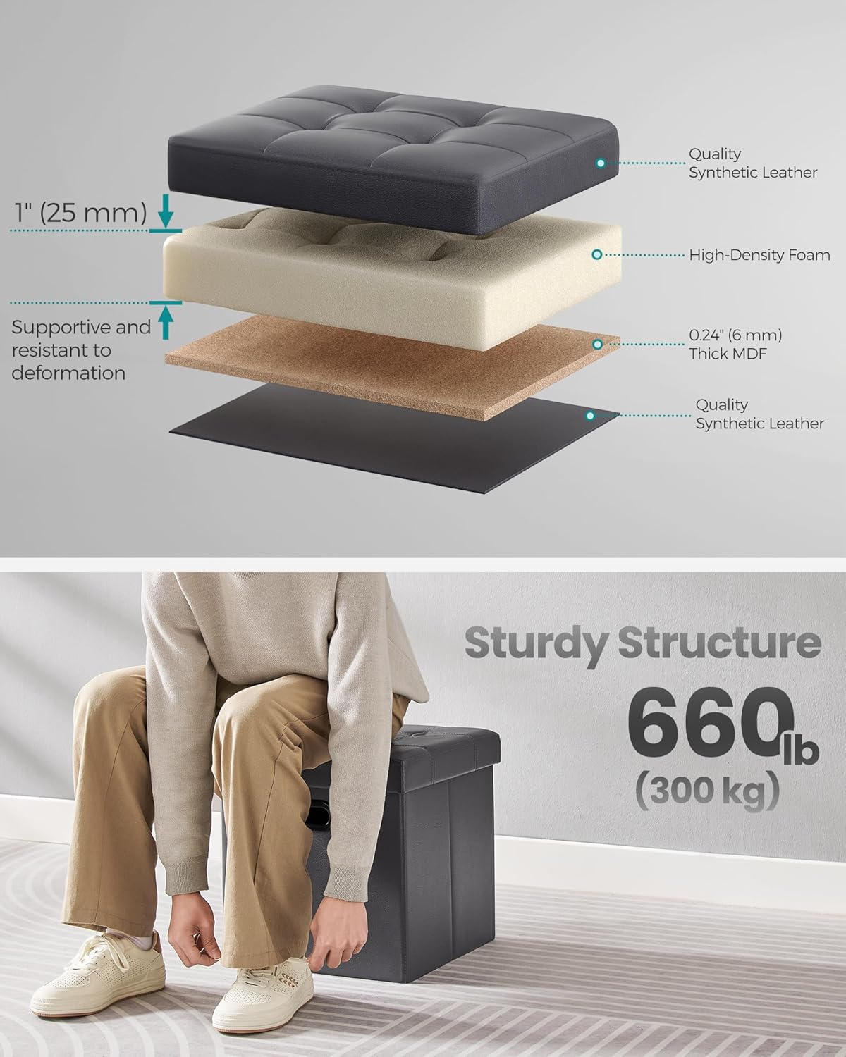 SONGMICS Mazie Collection - 15 Inches Ottoman with Storage, Footstool, Storage Ottoman with Metal