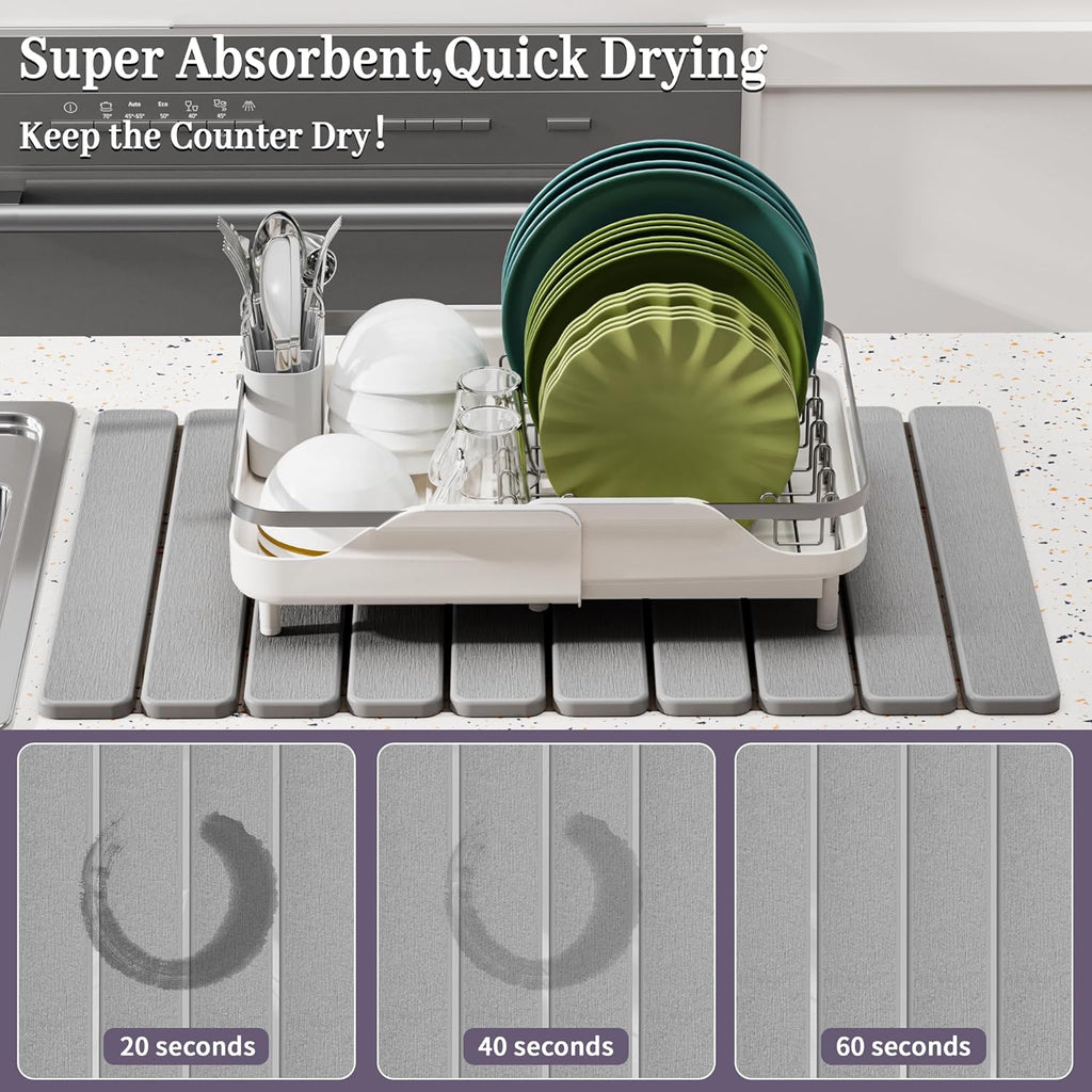 Large Stone Dish Drying Mats for Kitchen Counter – Foldable Quick Dry Stone Mat with Non-Slip Pad &