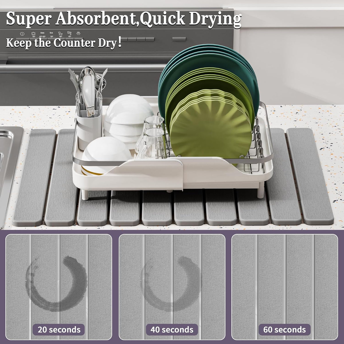 Large Stone Dish Drying Mats for Kitchen Counter – Foldable Quick Dry Stone Mat with Non-Slip Pad &