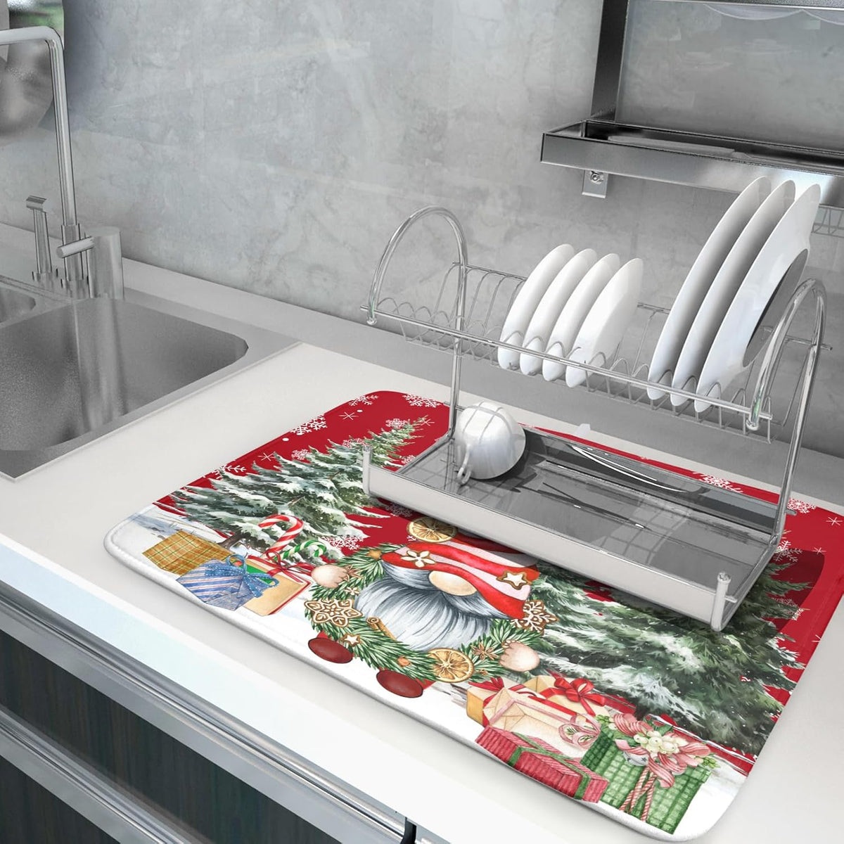 Christmas Dish Drying Mat for Kitchen Counter, Merry Christmas Dish Drying Mat 18 x 24 Inch Xmas