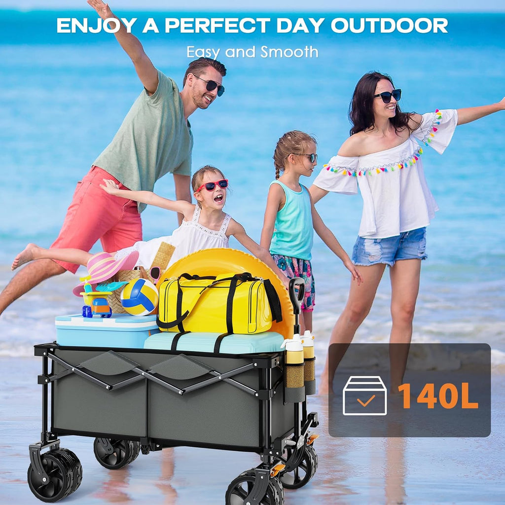 Collapsible Wagon Cart Heavy Duty Foldable, Folding Beach Wagon with Big Wheels for Sand, Utility