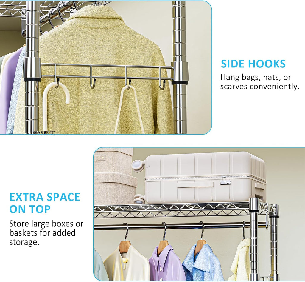 IZEUK Heavy Duty Rolling Garment Rack with 3 Adjustable Wire Shelves, Hanging Rod & Side Hooks