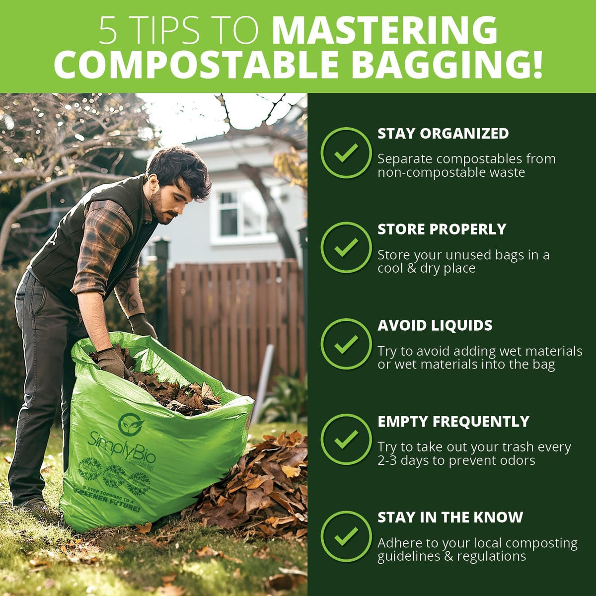 Simply Bio 50-55 Gallon Compostable Trash Bags Liners Flat-Top, Heavy Duty Extra Thick 1.57 Mil