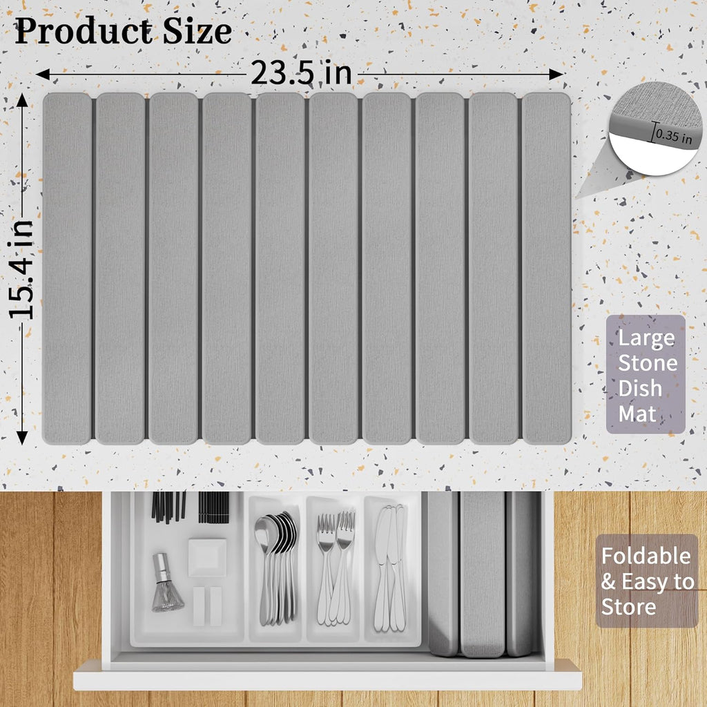 Large Stone Dish Drying Mats for Kitchen Counter – Foldable Quick Dry Stone Mat with Non-Slip Pad &