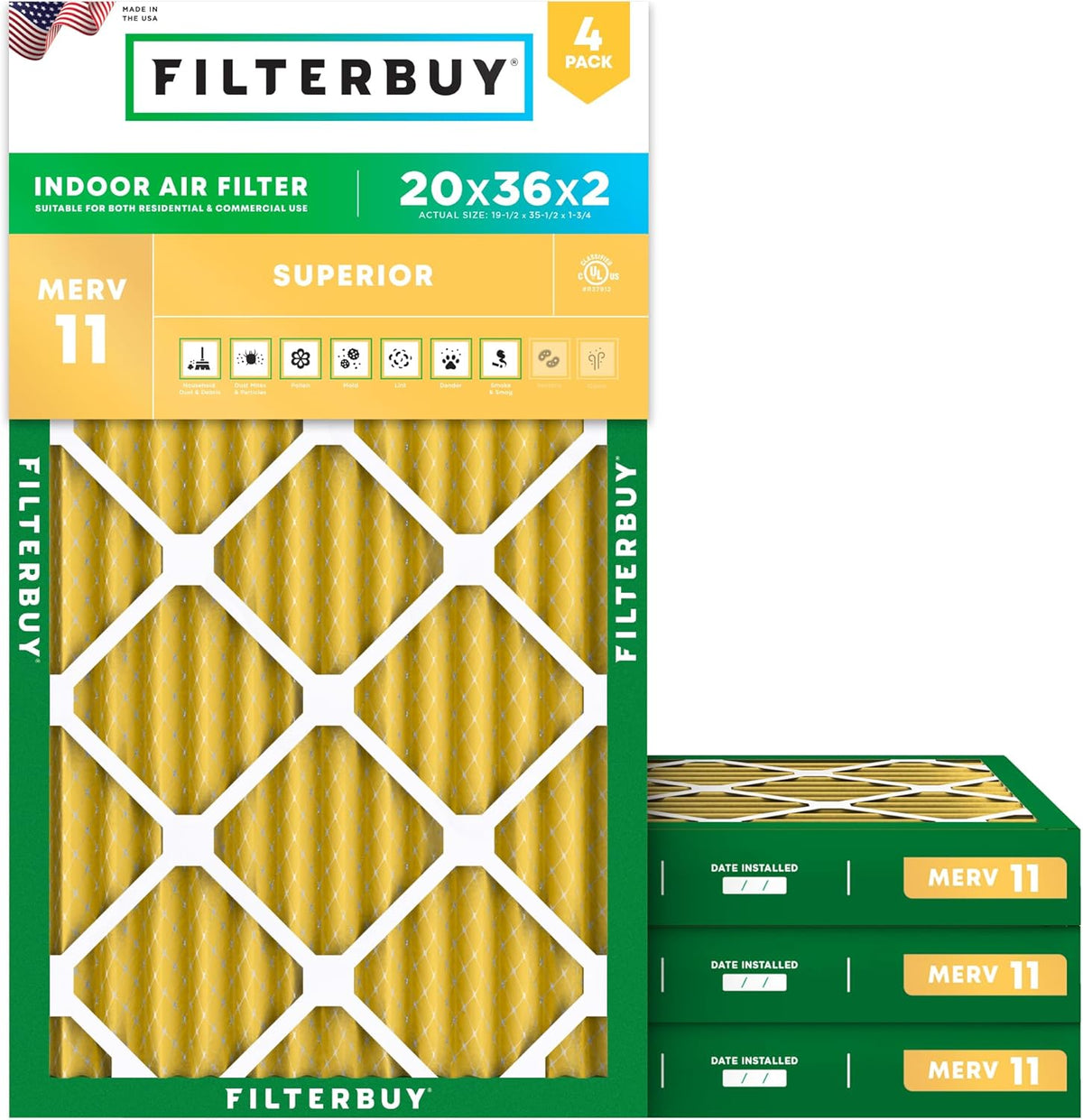 Filterbuy 20x36x2 Air Filter MERV 11 (MPR 1200) Allergen Defense Replacement (4-Pack)