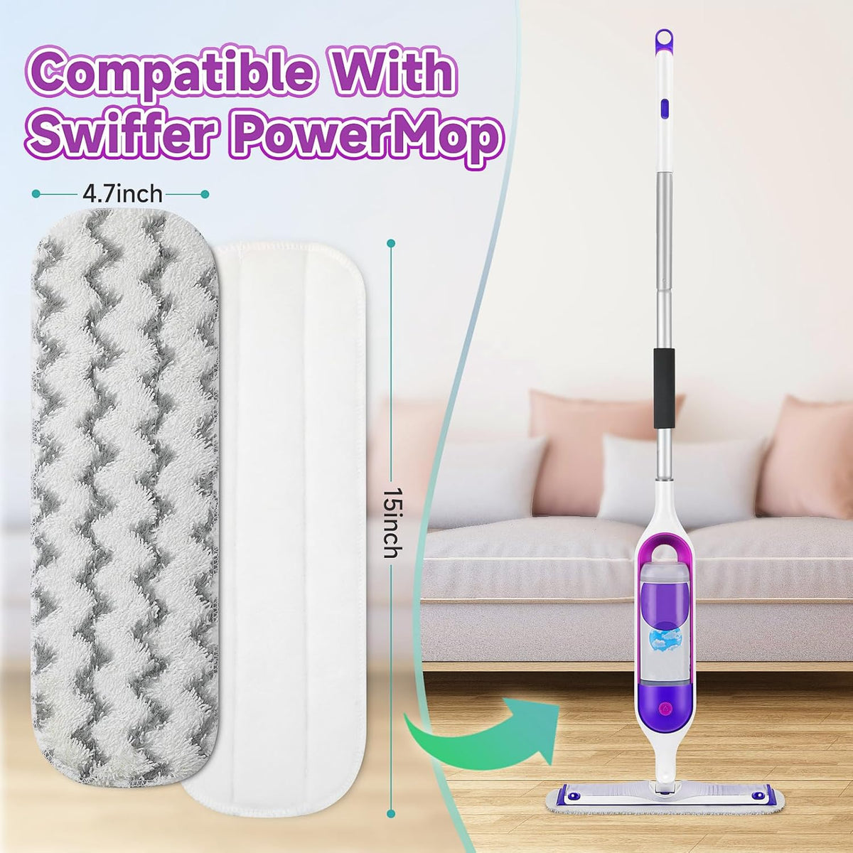 8 Pack Reusable Mop Replacement Pads Compatible for Swiffer PowerMop Spray Mop, Dry Wet Mopping