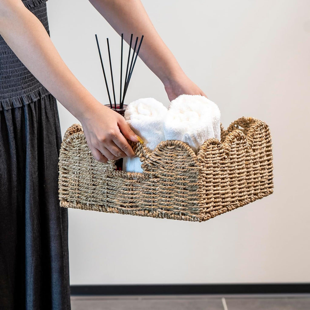 Scalloped Basket 2 Pack Wicker & Rattan Storage with Built-in Handles, Decorative Woven Seagrass