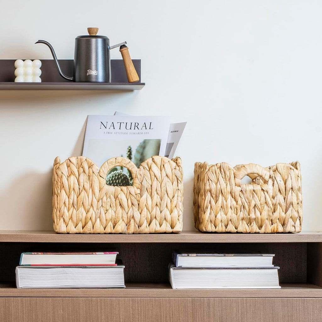 Scalloped Basket Wicker & Rattan Storage Basket with Built-in Handles, Large Woven Water Hyacinth