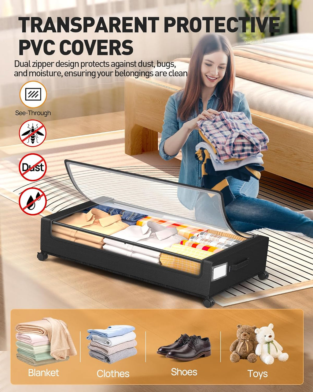 Under Bed Storage with Wheels, Square Under Bed Storage Containers, 4 Pack Under The Bed Storage