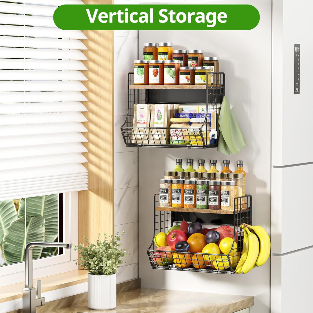 2 Pack Magnetic Shelf for Fridge with Wood Lid, Fruit Potato and Onion Storage Bins, Pantry