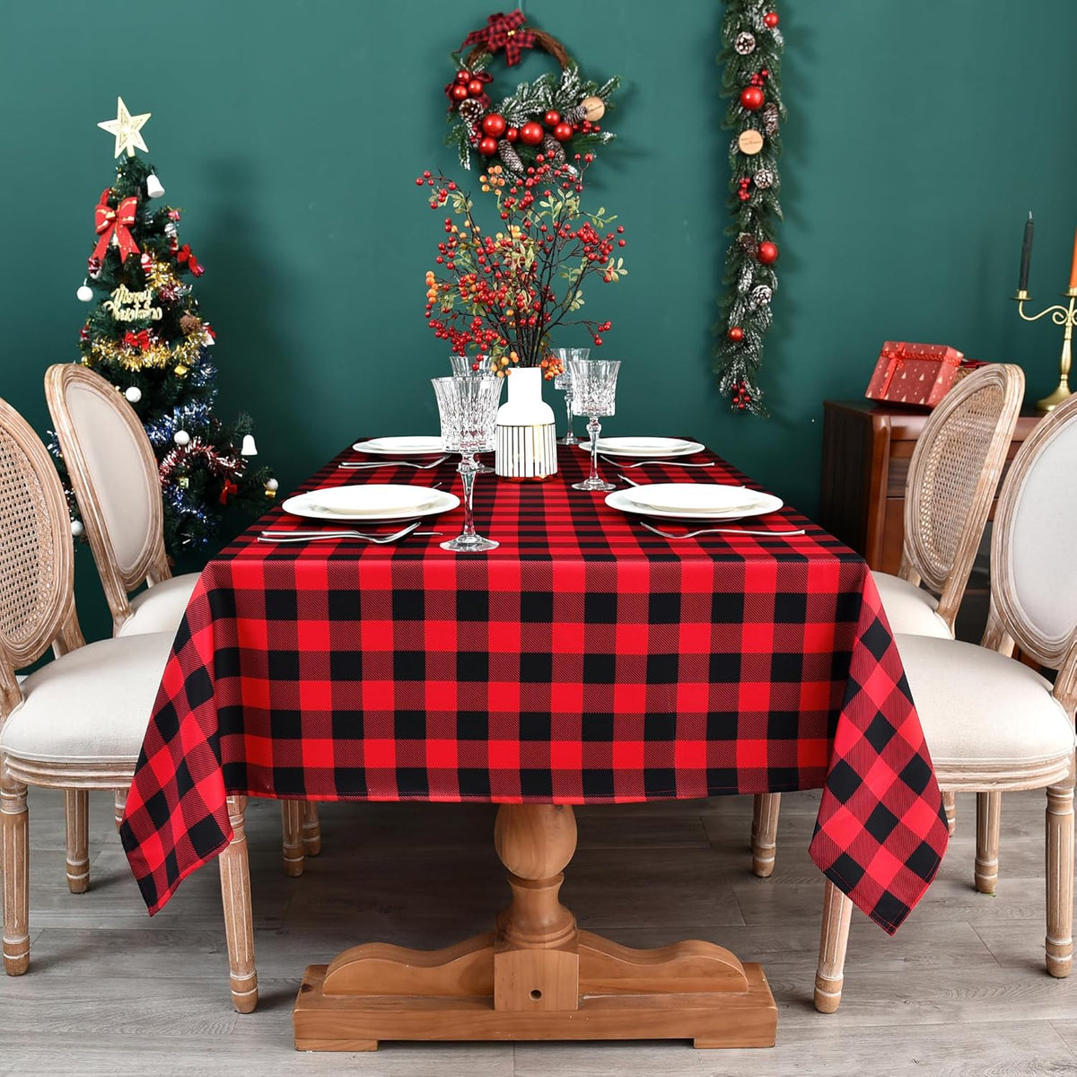 Gingham Xmas Tablecloth Fabric - Oblong 58x120 Water Resistant Christmas Plaid Table Cloth for
