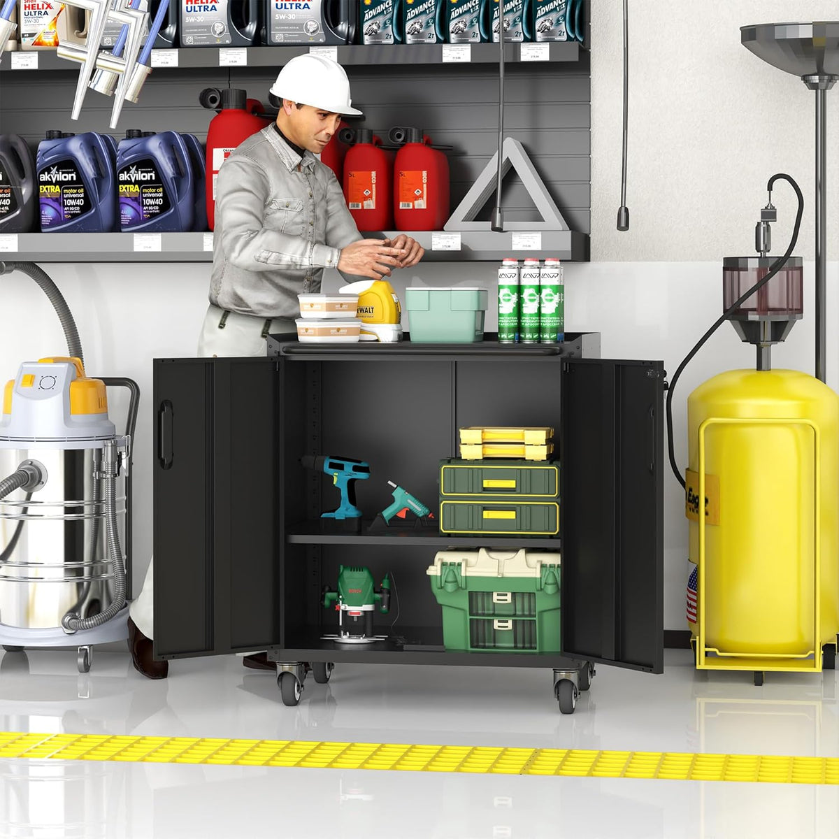 Metal Storage Cabinet with Wheels, Lockable Garage Cabinet with Doors and Shelves, Rolling Tool