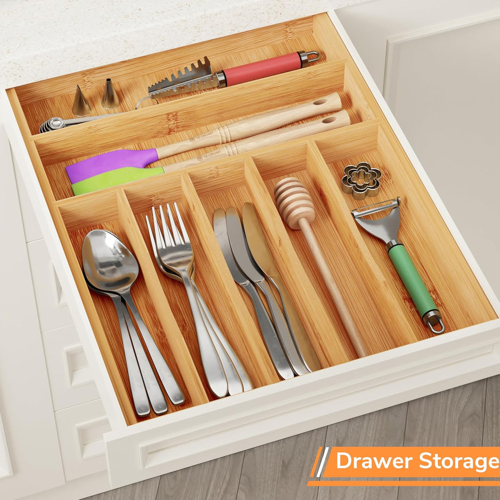 BAMEOS Bamboo Silverware Drawer Organizers, 11.9 inch Utensil Drawer Organizer for Kitchen Drawers