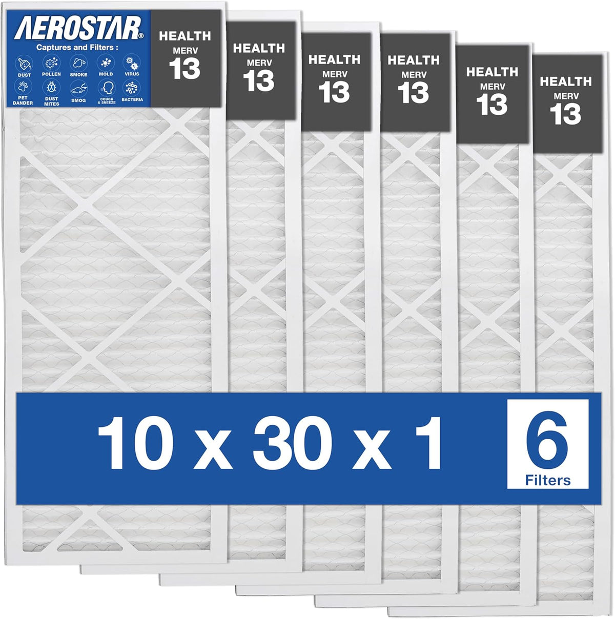 Aerostar Air Filters 10x30x1 MERV 13,Healthier Air For Your Home, 10" x 30" x 3/4", Box of 6