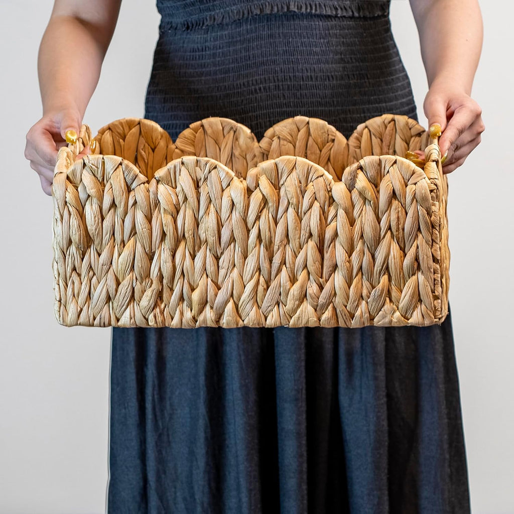 Scalloped Basket Wicker & Rattan Storage Basket with Built-in Handles, Large Woven Water Hyacinth