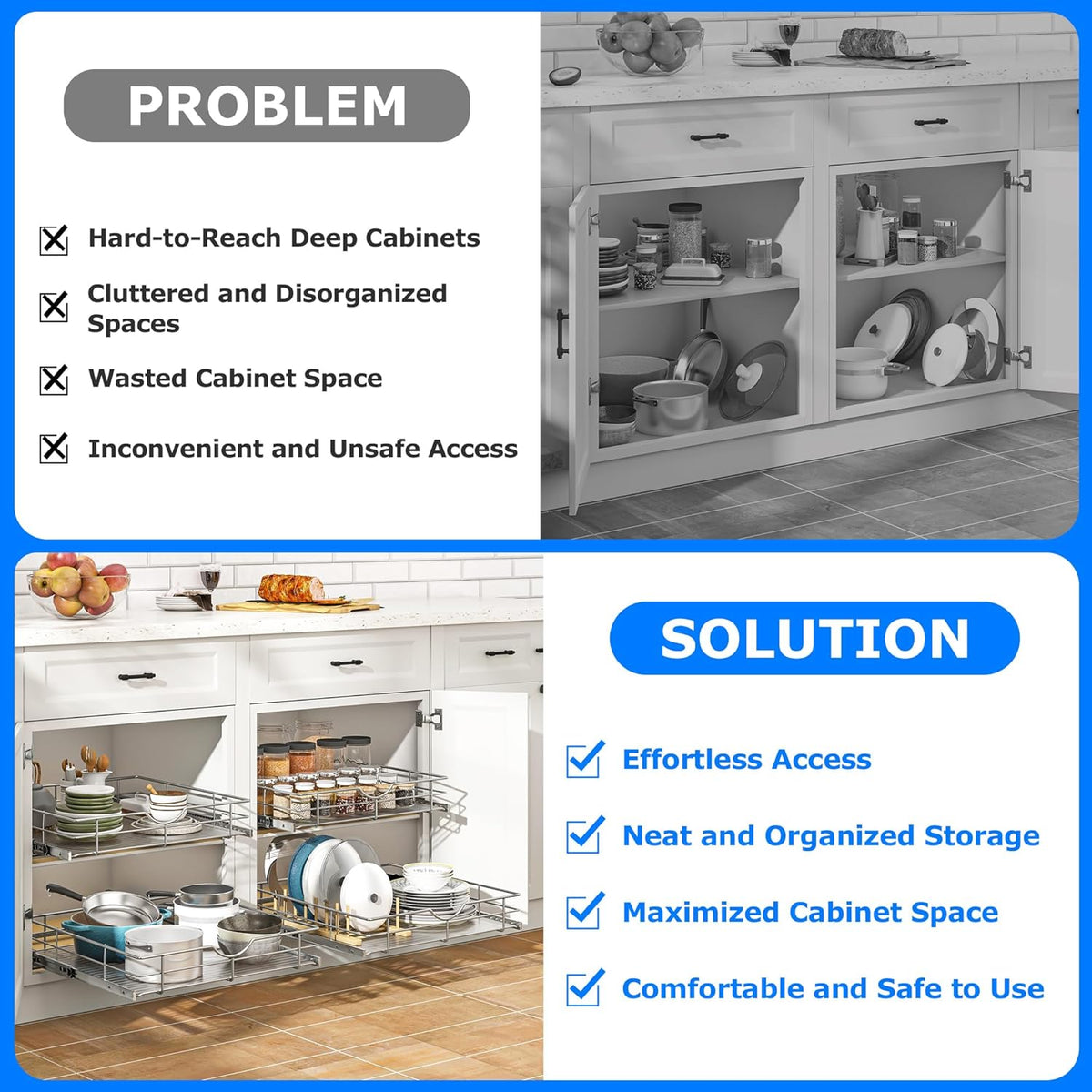 WelFurGeer Soft Close Slide Out Cabinet Shelf, 14" W x 22" D Pull Out Drawers for Kitchen Cabinets