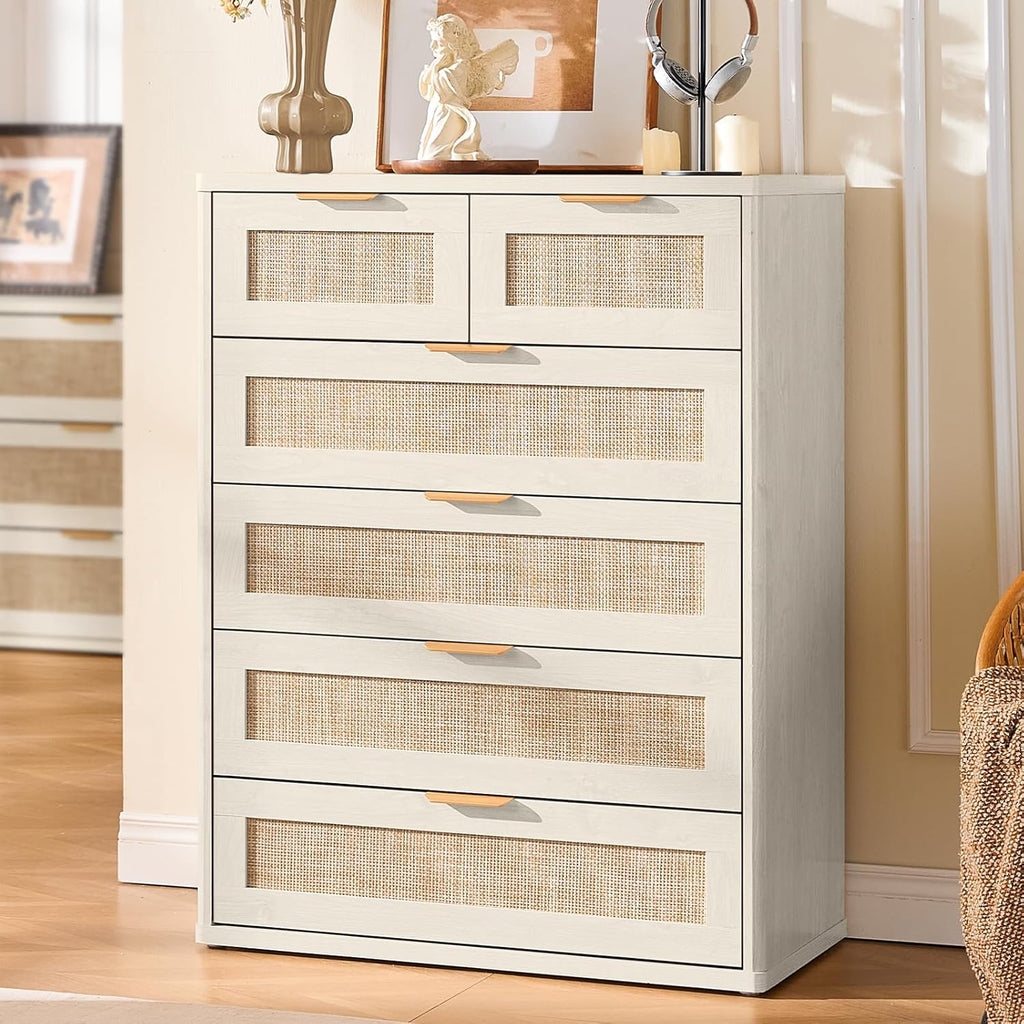 LEYAOYAO White Dresser for Bedroom, 42" Tall Chest of Drawers, Modern 6 Drawers Boho Rattan