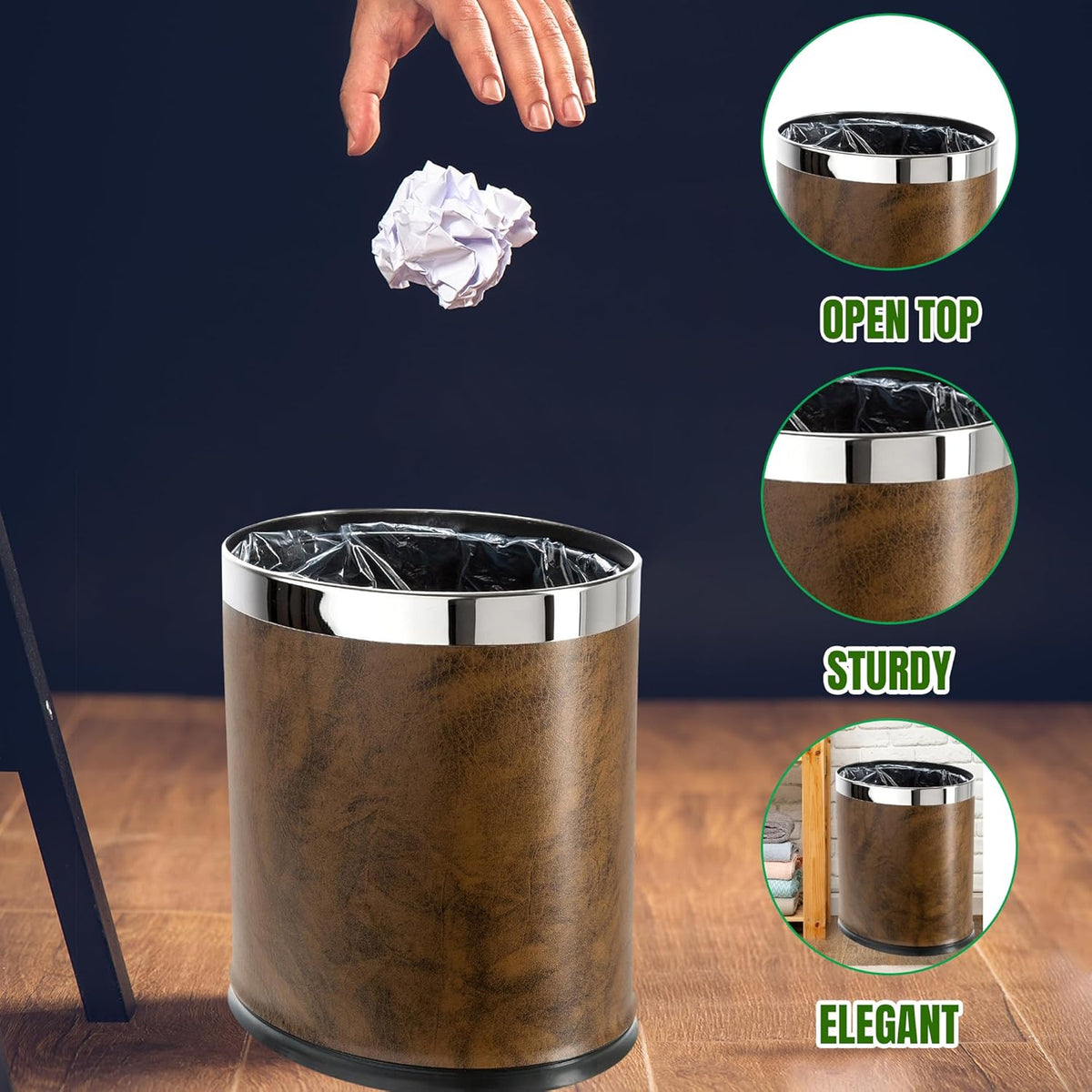 'Invisi-Overlap' Open Top Leatherette Trash Can, Small Office Wastebasket, Modern Home Décor, Oval