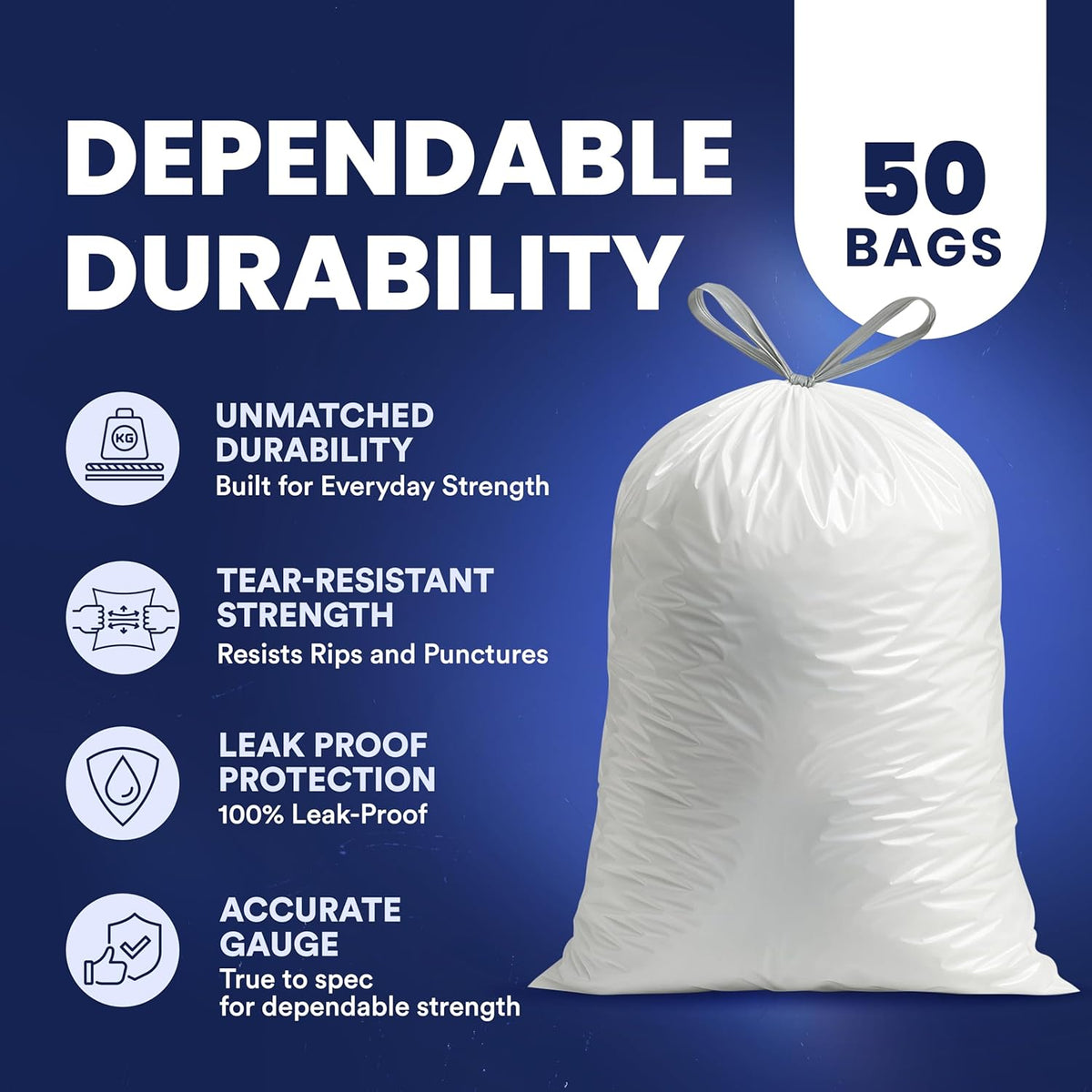 Plasticplace 13 Gallon Trash Bags │ 1.2 Mil │ White Extra-Large Drawstring Garbage Can Liners │ 24"