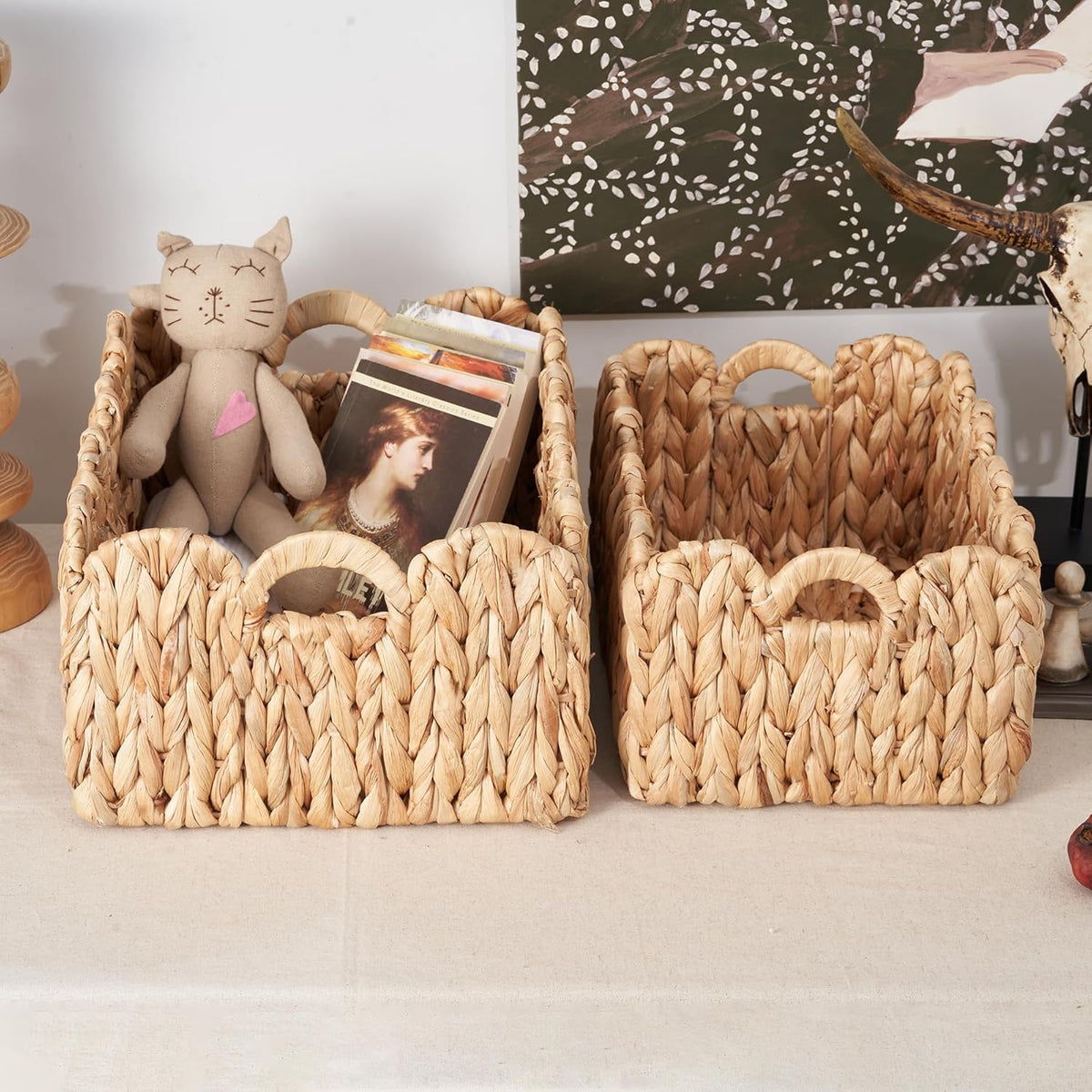 Scalloped Basket Wicker & Rattan Storage Basket with Built-in Handles, Large Woven Water Hyacinth