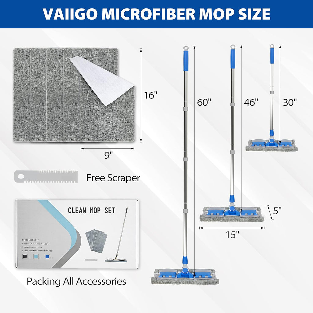 Professional Microfiber Hardwood Floor Mop, Flat Mops with 5 Pieces Reusable Washable Pads for Home