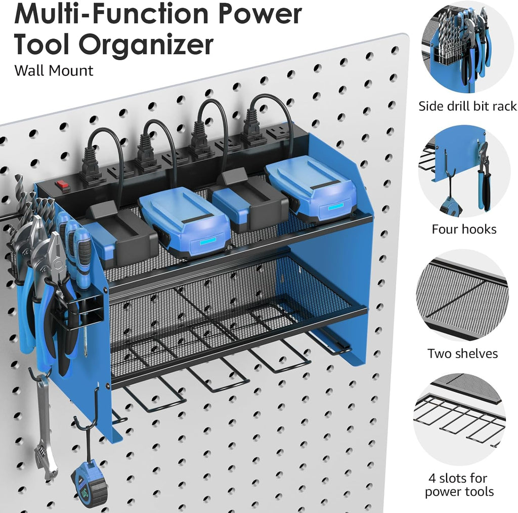 CCCEI Set Power Tool Organizer Wall Mount with Charging Station. Garage 4 Drill Storage Shelf with