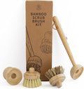 Cactus Cradle Bamboo Scrub Brush Kit – 4-Piece Dish Brush Set with 2 Handles & 2 Interchangeable