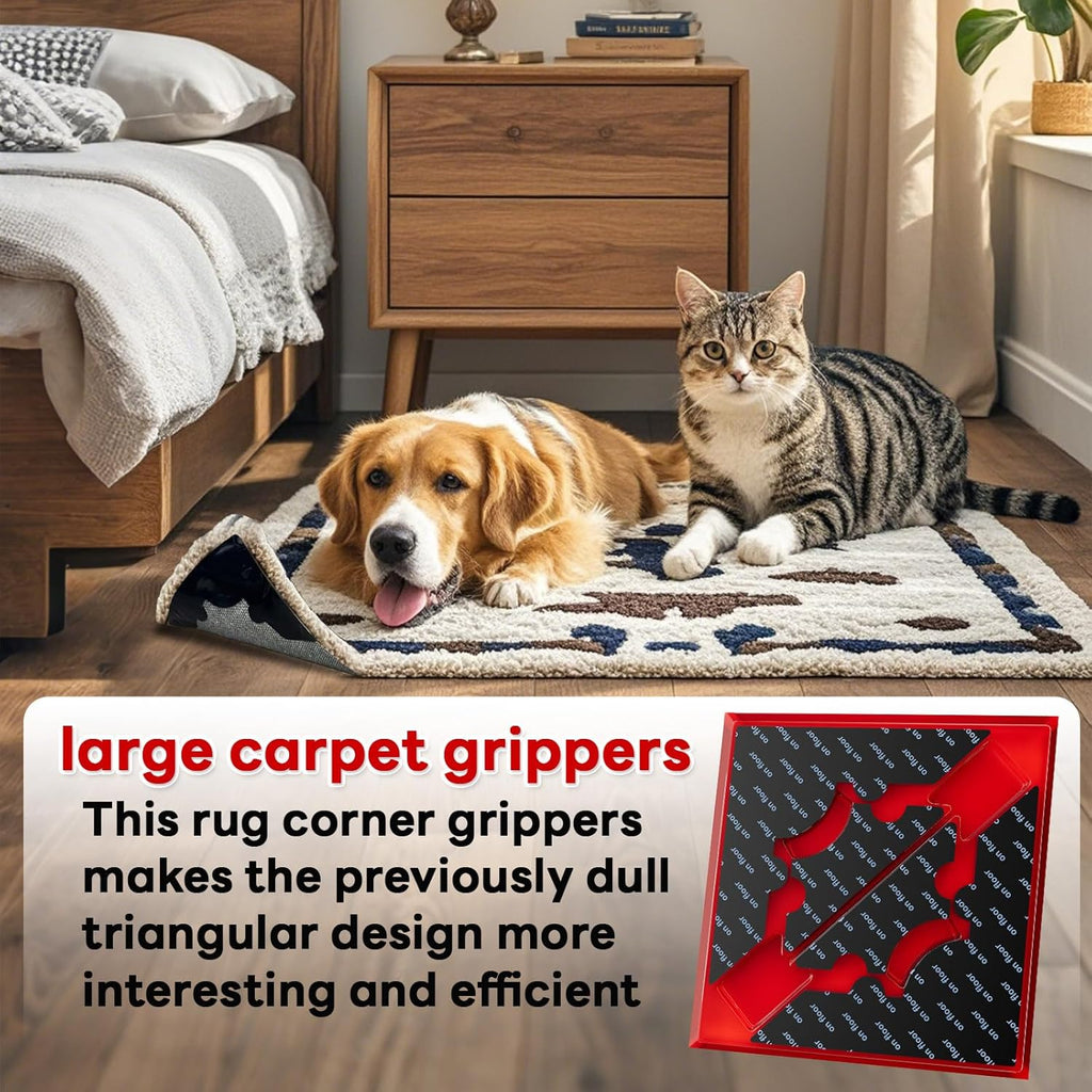 Rug Non Slip Grippers, Reusable Keep Rug Corner Down Tape Pads for Hardwood Floors, Strong Carpet