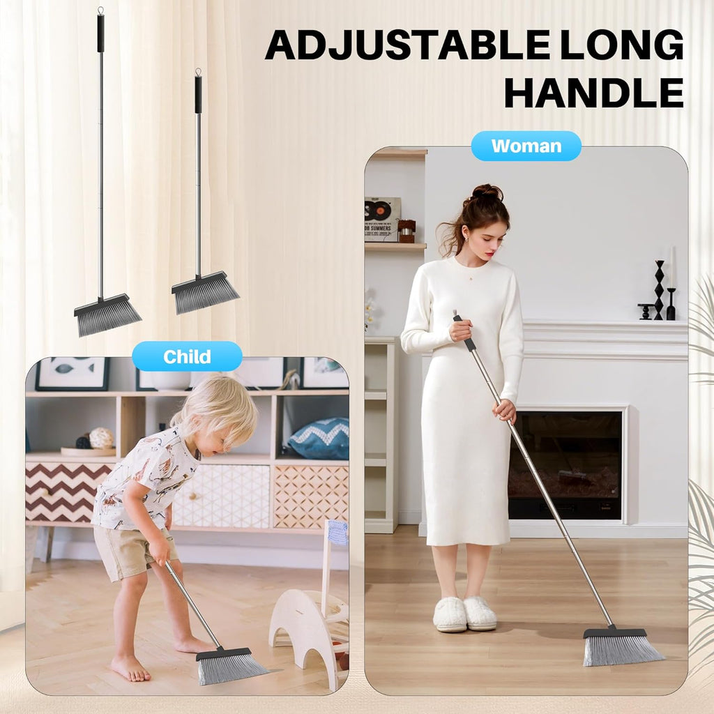 JOYMOOP Black Broom and Dustpan Set, Upright Angle Design with Built-in Comb Teeth for Home