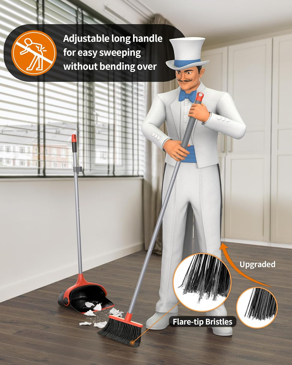 MR.SIGA Broom and Dustpan Set with Long Handle, Stand Upright Broom with Dustpan Combo for Floor