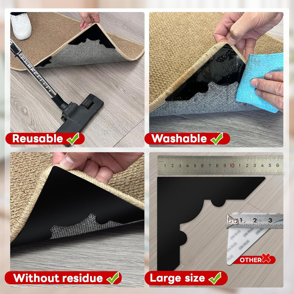 Rug Non Slip Grippers, Reusable Rug Tape Pads for Hardwood Floors, Strong Carpet Gripper for Area