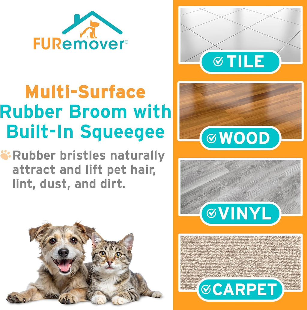 FURemover Original Plus Pet Hair Rubber Broom with Squeegee, with 61" Telescopic Handle for Carpet
