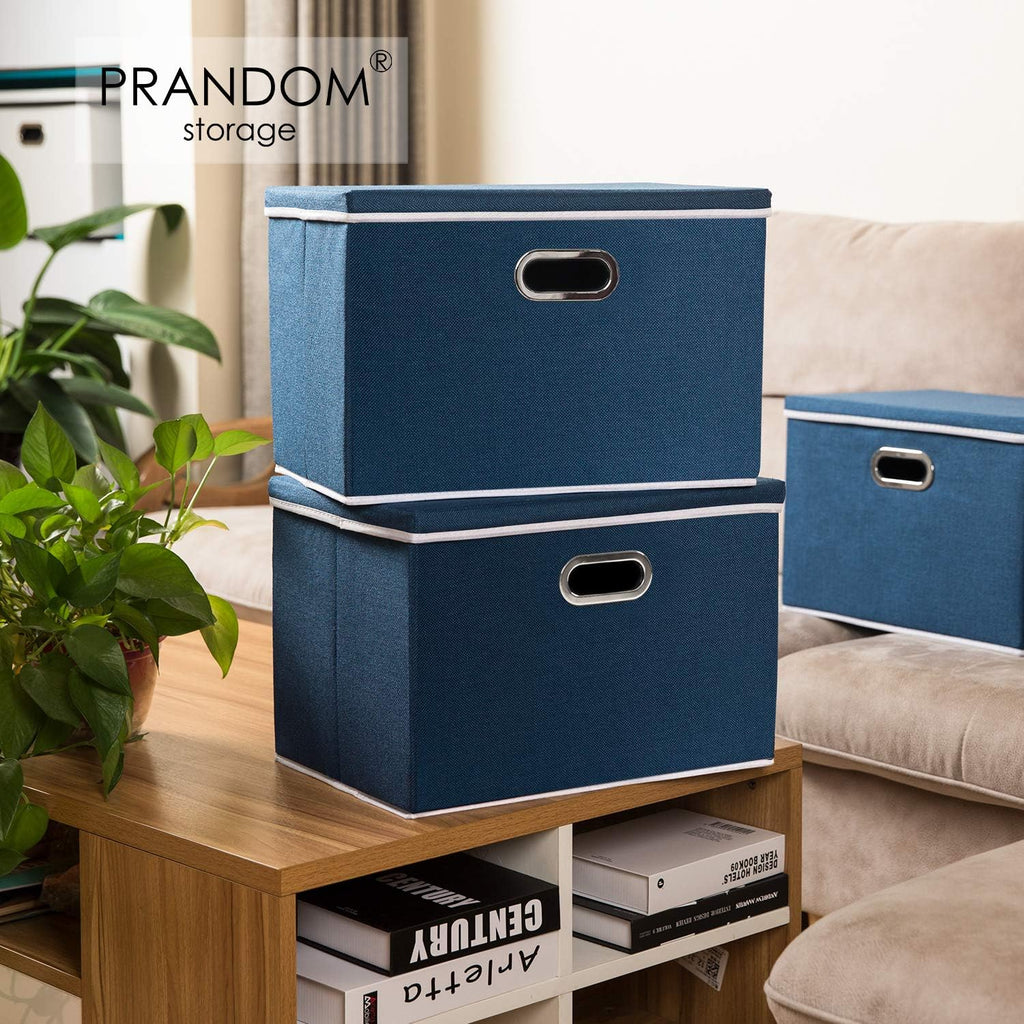 PRANDOM Extra Large Collapsible Storage Bins with Lids [3-Pack] Linen Fabric Foldable Storage