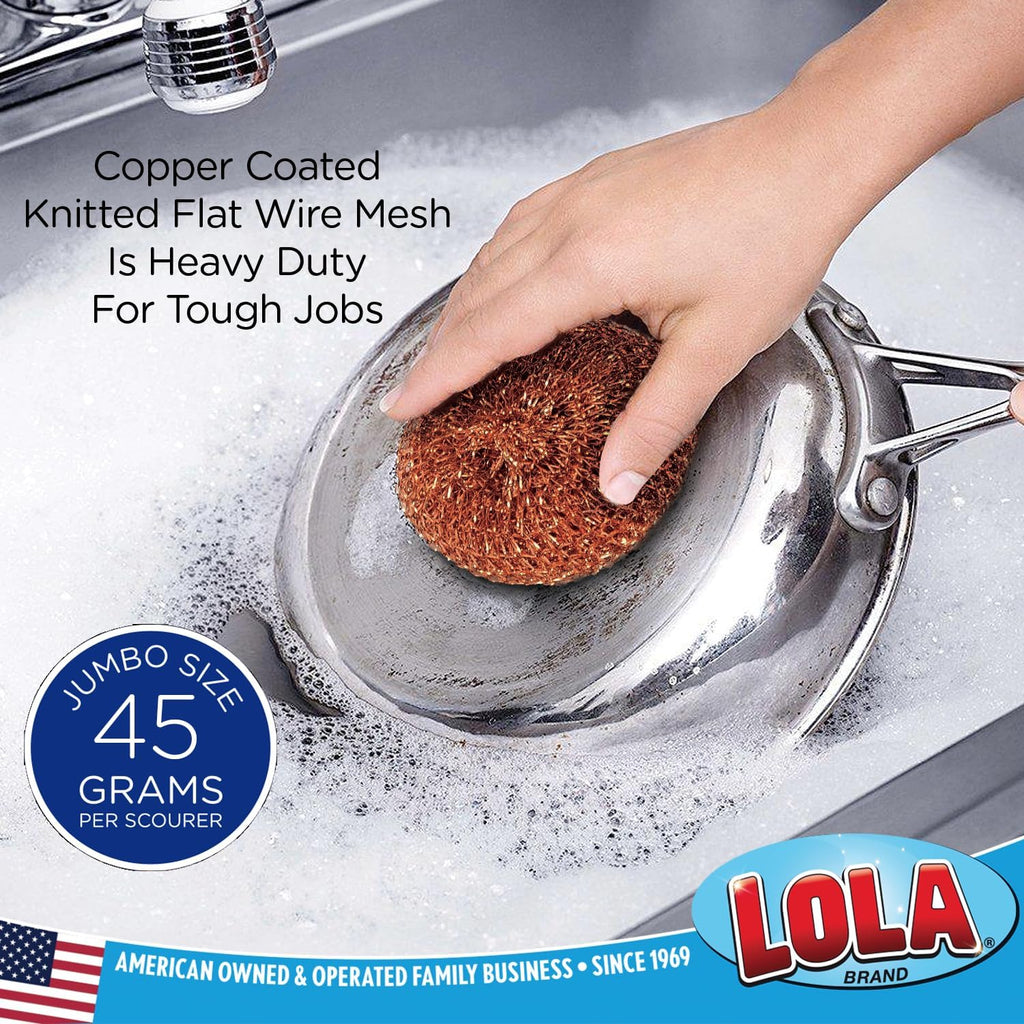 Copper Mesh Scouring Pad by LOLA, 2 Pack, 45 Grams, 4" Heavy Duty Cleaning Pads, Copper Coated