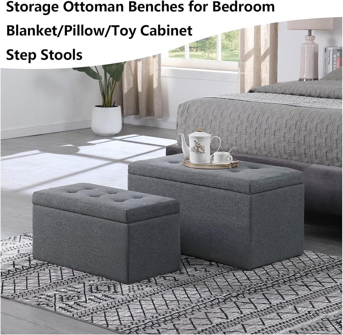 Storage Ottoman Bench with 2.56-inch Thick Seat, 31.5 inch Nesting Ottoman Set of 2, Hinged Flip