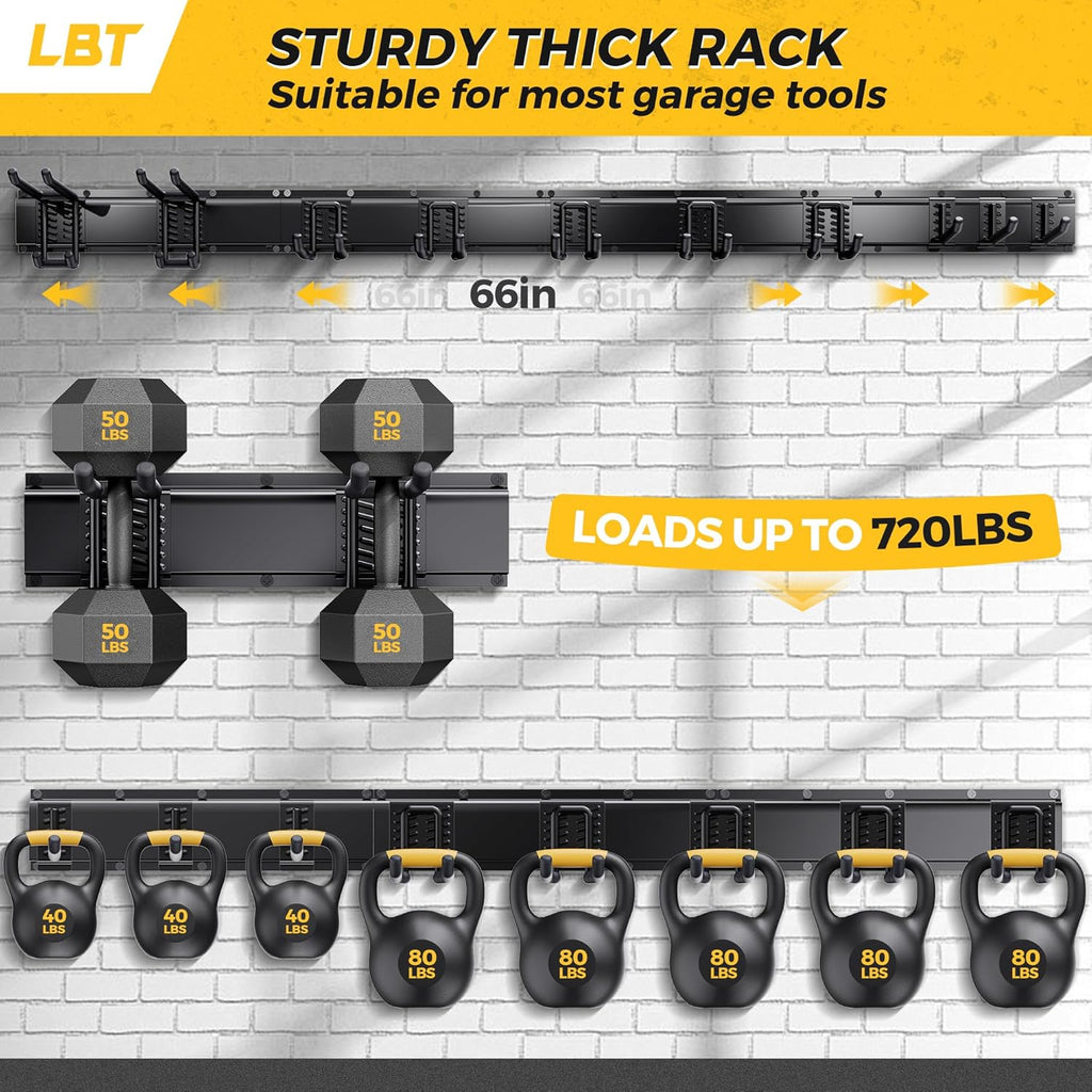 LBT 66" Garage Tool Organizer Wall Mount - 720lbs Garden Tool Organizer with Adjustable Hooks