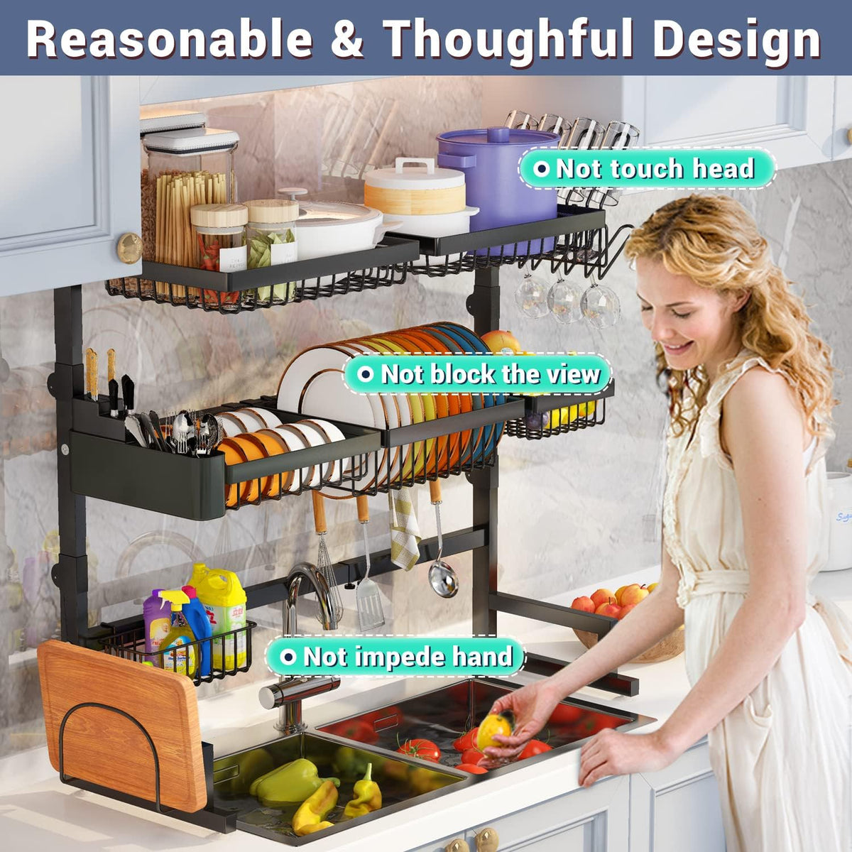 Over Sink Dish Drying Rack (Expandable Height/Length) Snap-On Design Large Dish Drainer Storage