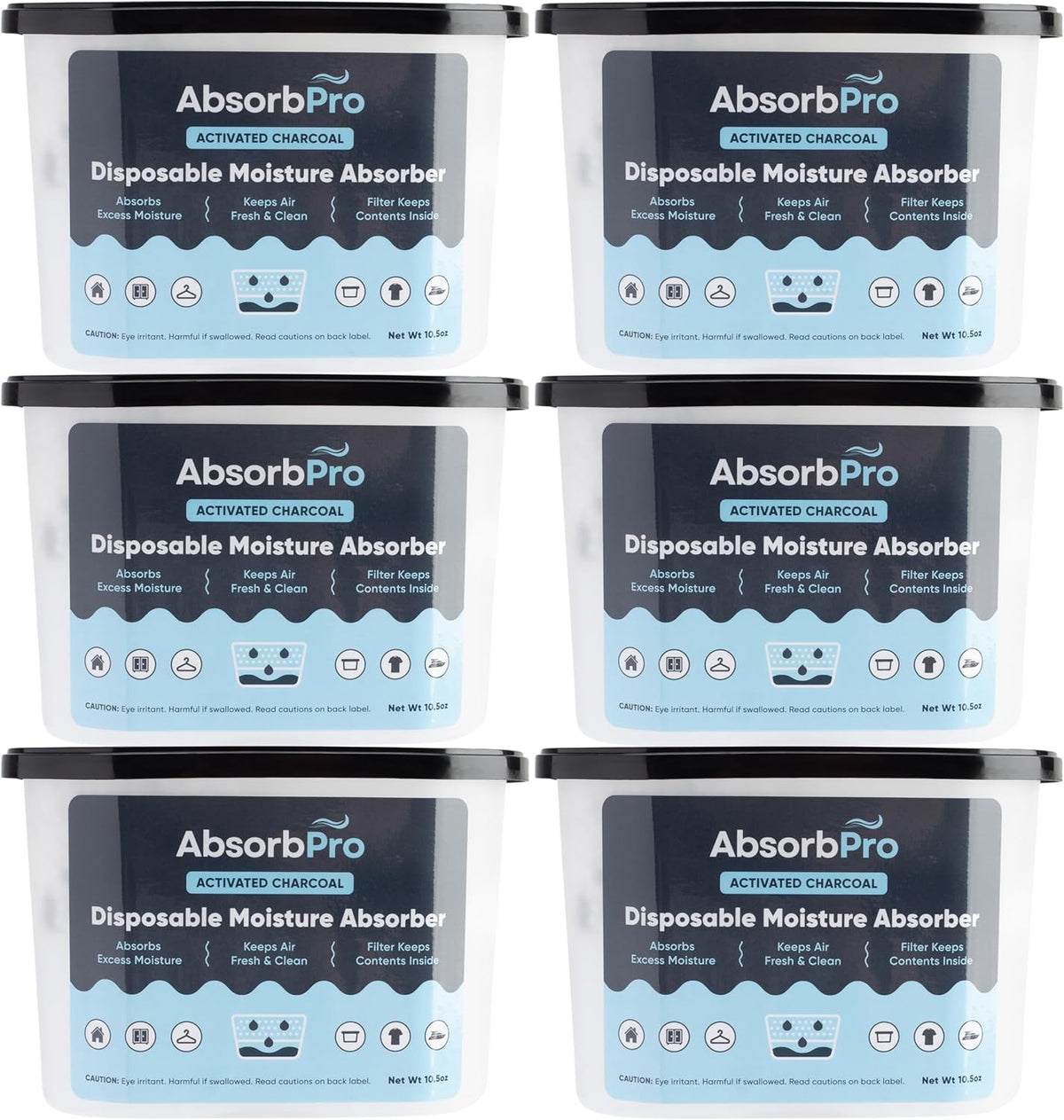 Moisture Absorber Tub with Activated Charcoal - 6-Pack - 10.5 oz Disposable Odor Eliminator Box &