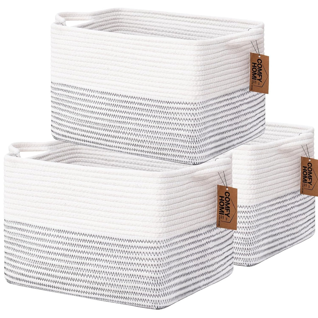 COMFY-HOMI 3 Pack Cotton Rope Square Basket with Handles - Storage & Organizer (White/Black Line