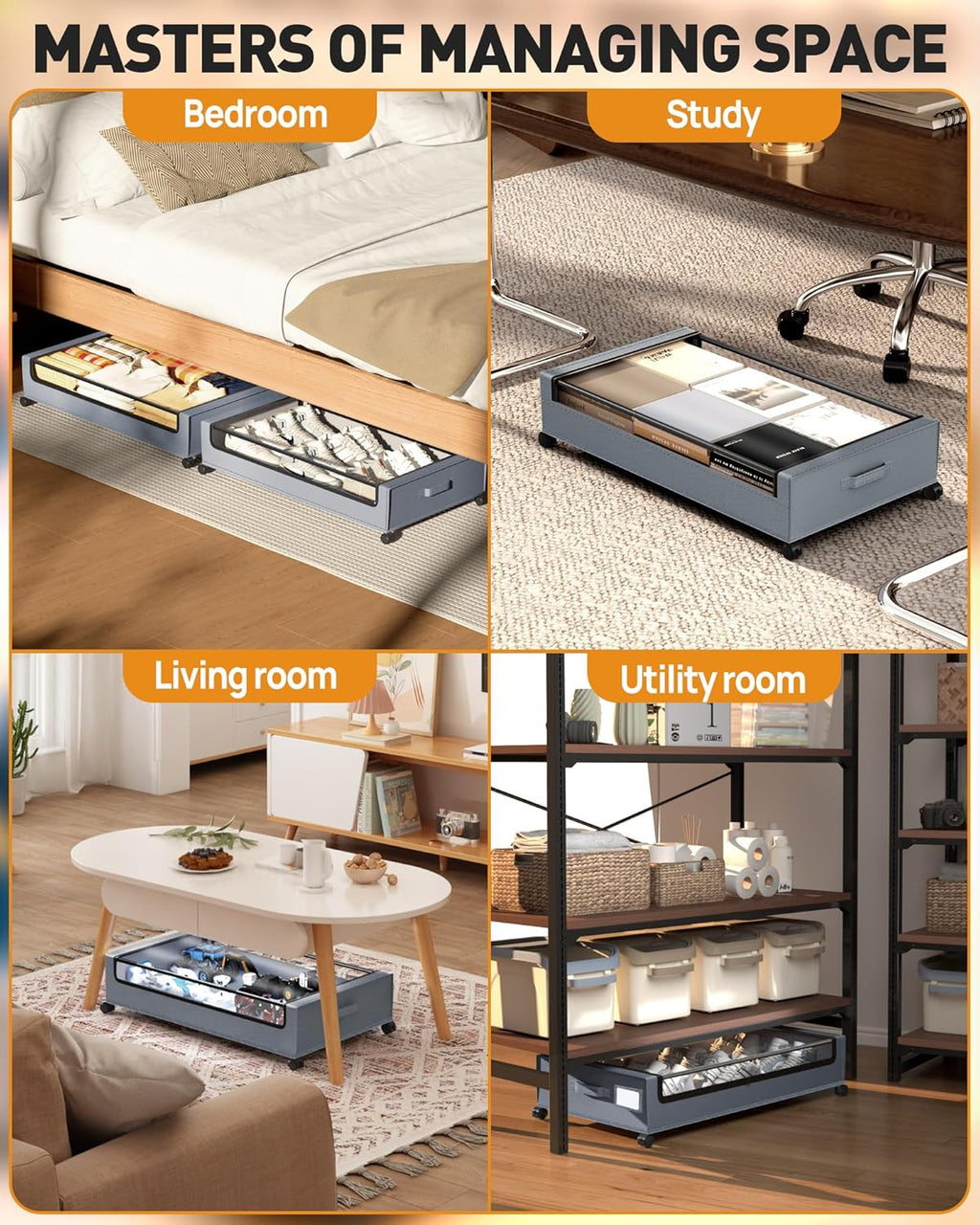 Under Bed Storage with Wheels, Square Under Bed Storage Containers, 60L Under The Bed Storage Bins