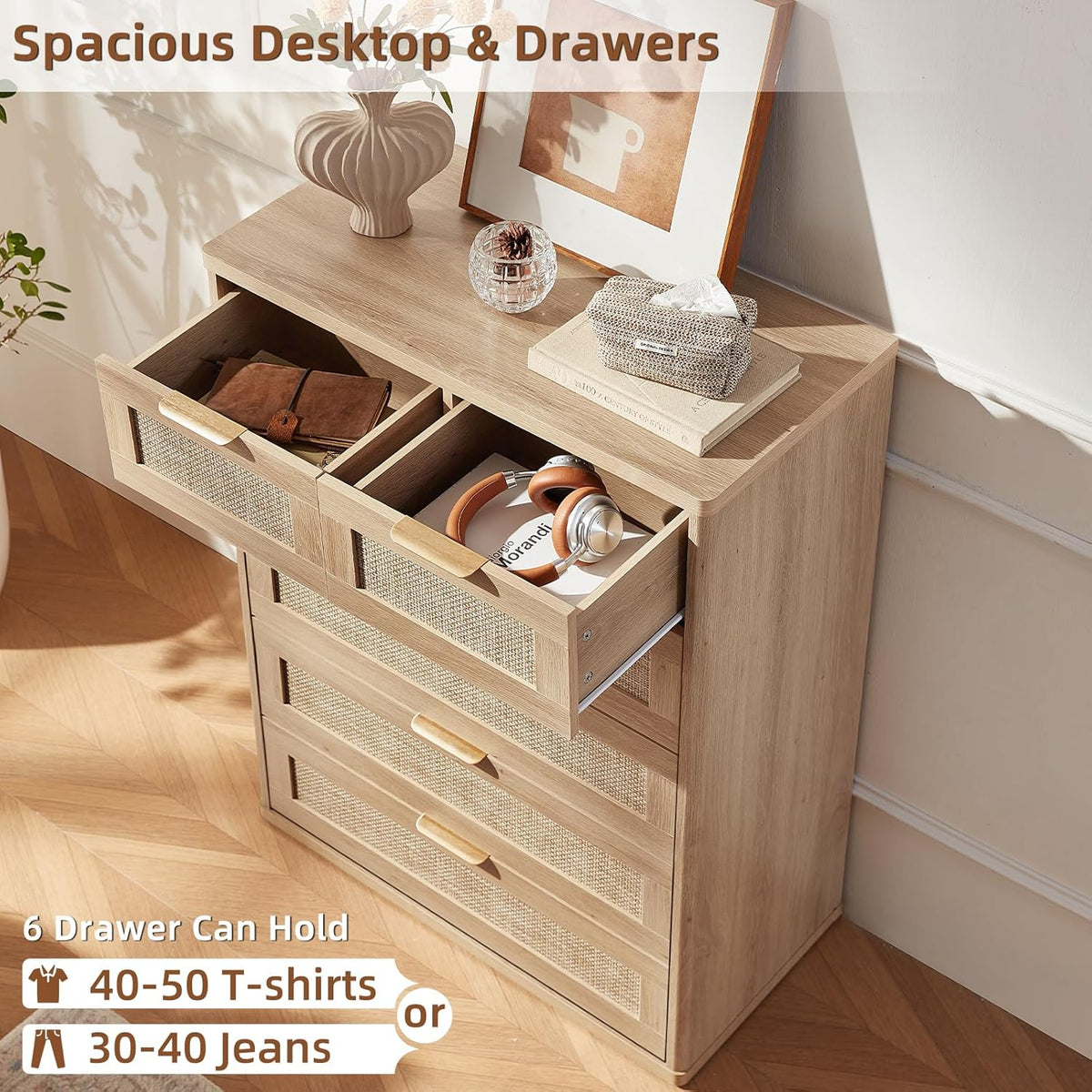 LEYAOYAO Rattan Dresser for Bedroom Set of 2, 42" Tall Chest of Drawers, Modern 6 Drawers Boho