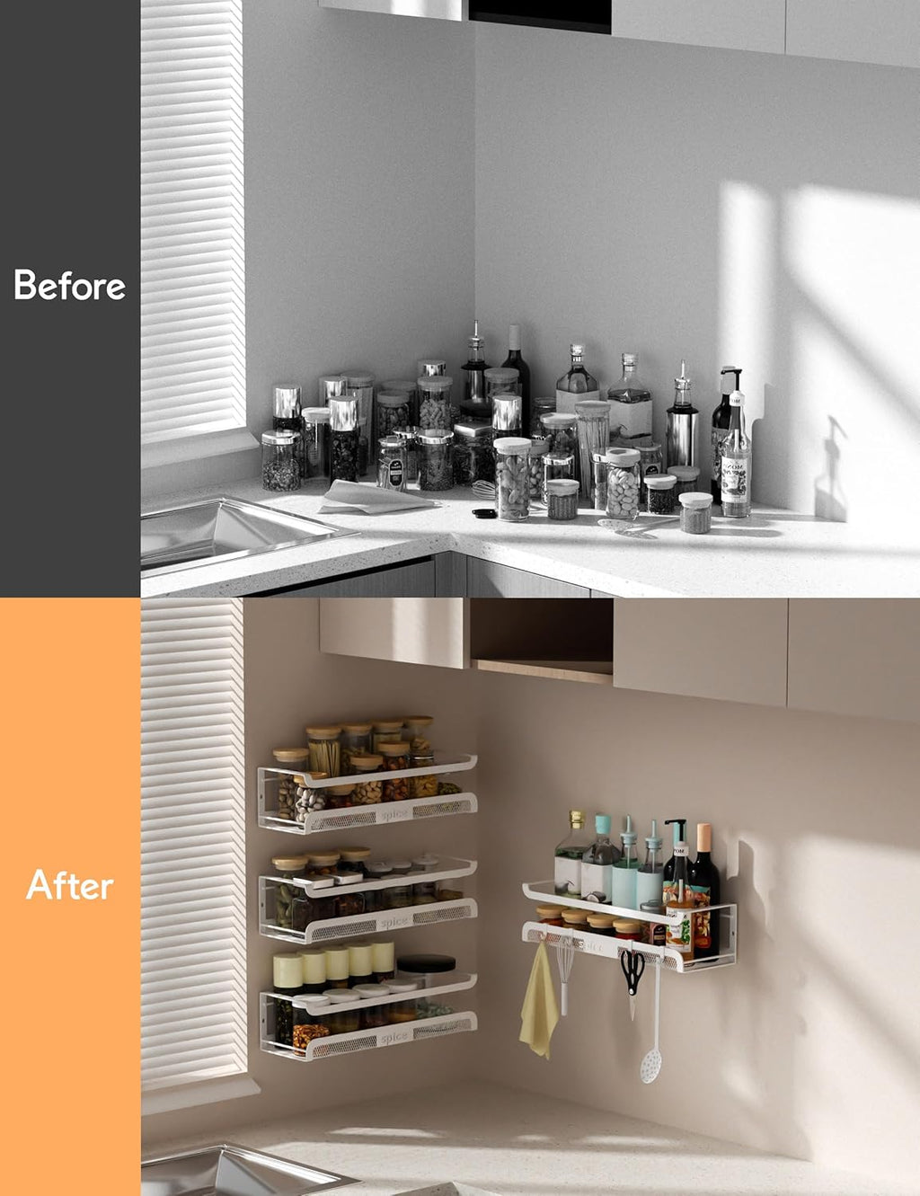 Spice Rack Wall Mount with Hooks - Spice Racks Organizer for Cabinet Storage, Wall Mounted Hanging