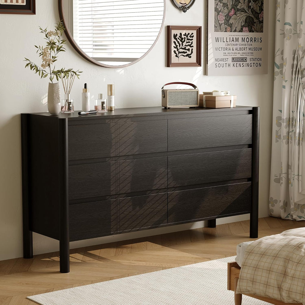 Dresser for Bedroom with 6 Drawers,47" Wide Oak Dresser with 4 Solid Wood Legs, Wooden TV