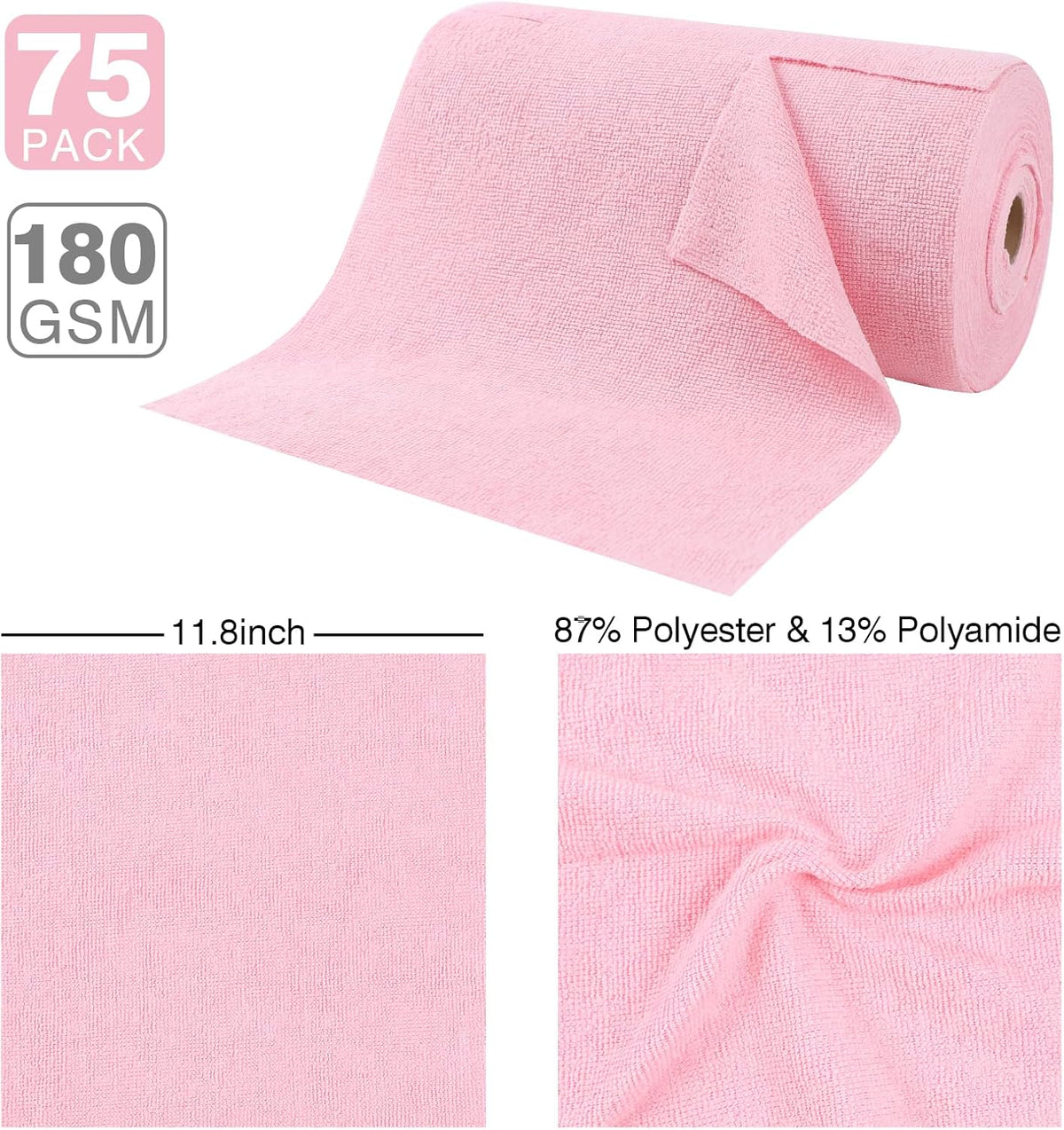 Microfiber Cloth Roll 75 Pack, 180GSM, Tear Away Microfiber Towels 12x12 Inch, Reusable Cleaning