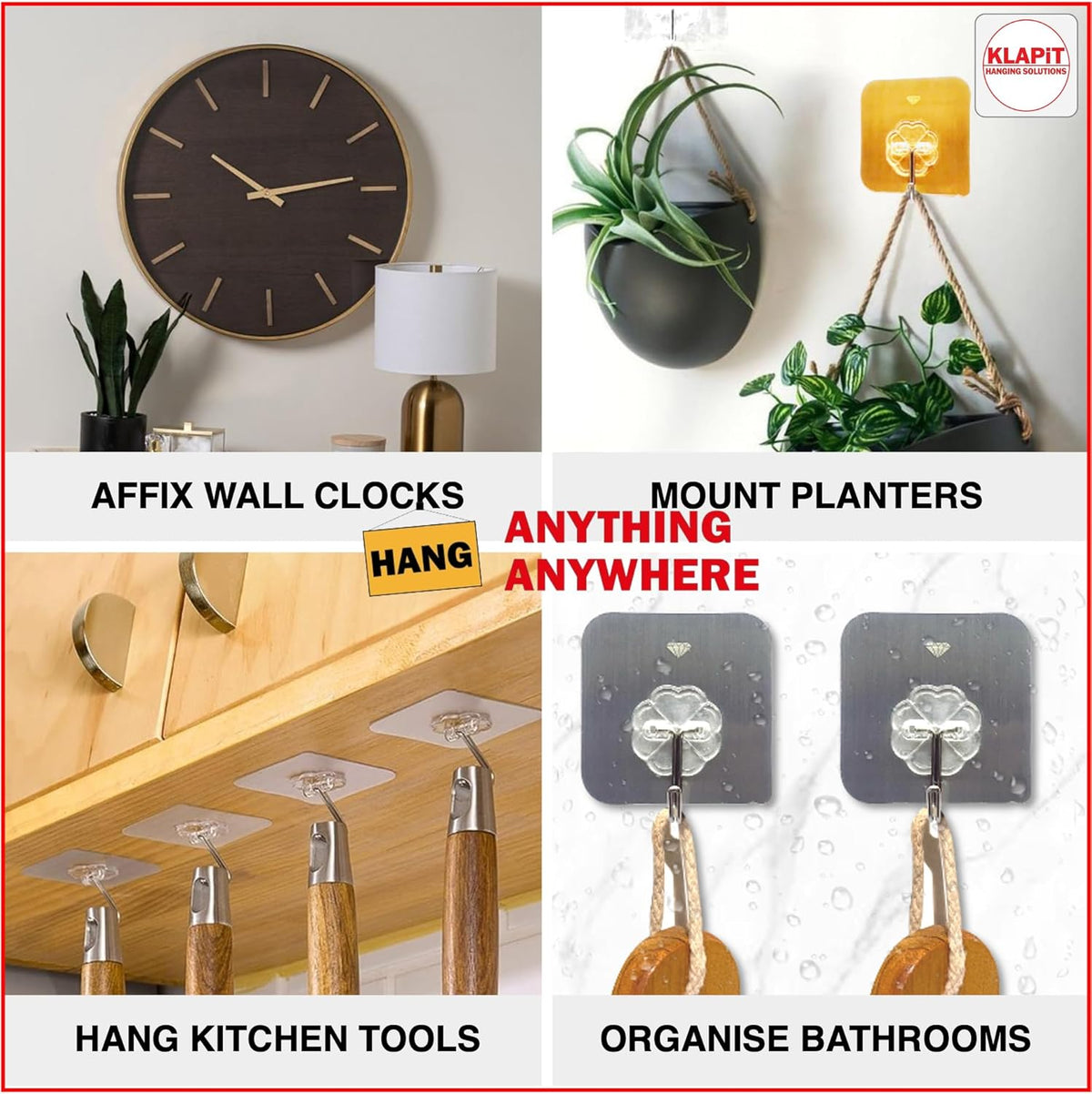 KLAPiT Super Hook - Heavy-Duty Adhesive Clear Wall Hooks, Holds Up to 11 lbs, Waterproof, No